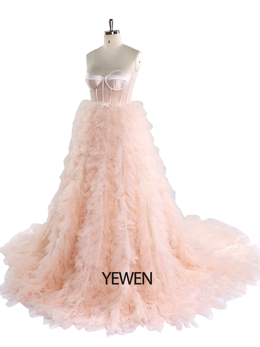 Elegantes, errötendes, rüschenbesetztes Tüll-Brautkleid, Foto-Shooting-Kleid, YEWEN YW220924 