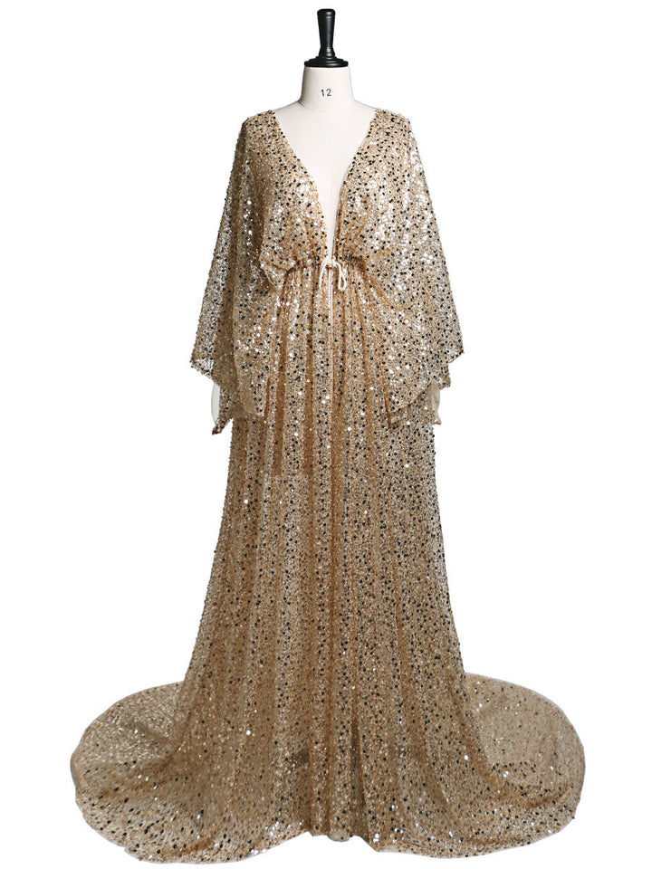 Umstandskleid mit goldenen Pailletten und Perlen für Fotoshootings, Stretch-Taille, Schwangerschaftsfotografie, Robe, Babyparty-Kleid YD21820 