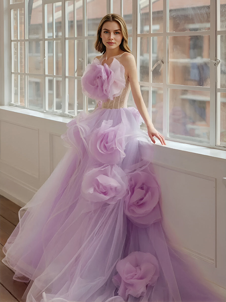 Lavendel Blumen Lange Damen Maxikleider Für Party Bloom Geraffte Organza Garten Hochzeit Brautkleider Hübsche Tüllkleider 