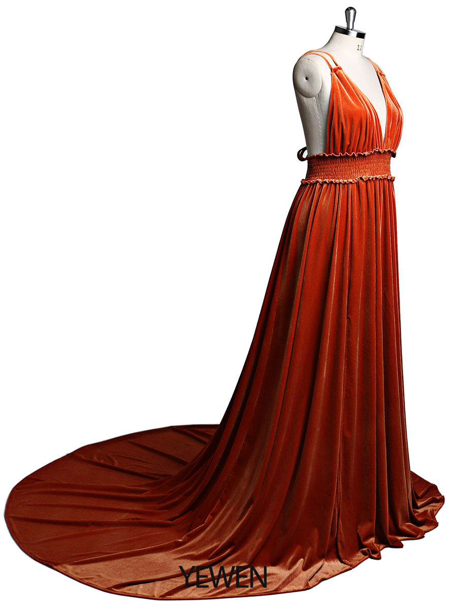 Samtkleid mit V-Ausschnitt, elastischer Taille und Seitenschlitz, langes Fotoshooting-Kleid YD21827 