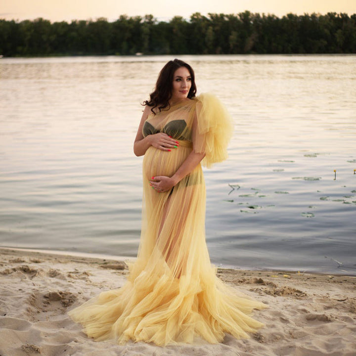 Umstandskleid mit einer Schulter und Ärmeln, dehnbare Taille, für Fotoshootings, Babyparty-Kleider 