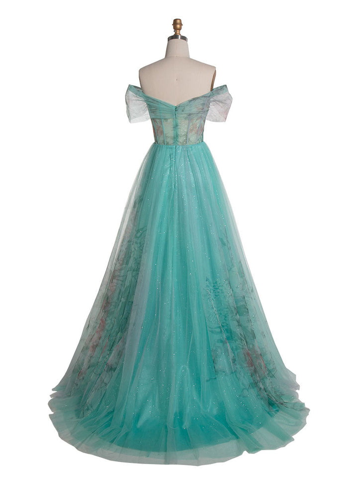 Elegantes, schulterfreies Ballkleid mit Blumenmuster in Aquamarin YE3022 