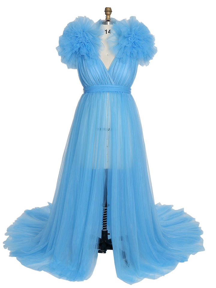 Umstandskleid für Fotoshootings, Bauchschlitz vorne, Schulterrüschen, Fotografie-Maxikleid, Babyparty-Kleid YD217051 