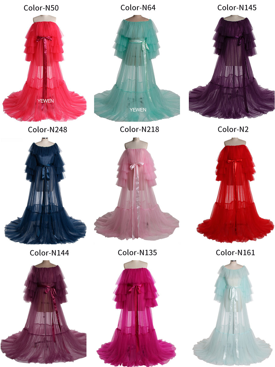 Schulterfreies, durchsichtiges Maxikleid mit Rüschen in Übergröße, Umstandskleid für Fotoshootings