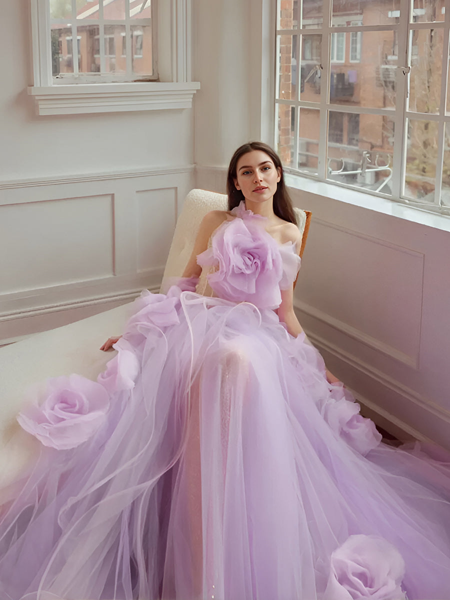 Lavendel Blumen Lange Damen Maxikleider Für Party Bloom Geraffte Organza Garten Hochzeit Brautkleider Hübsche Tüllkleider 