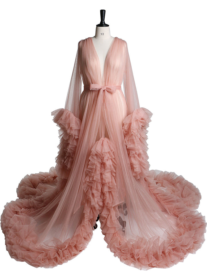 Langärmliges Umstandskleid für Fotoshootings, gerüschtes Tüllkleid mit V-Ausschnitt, Party- und Abendkleid 