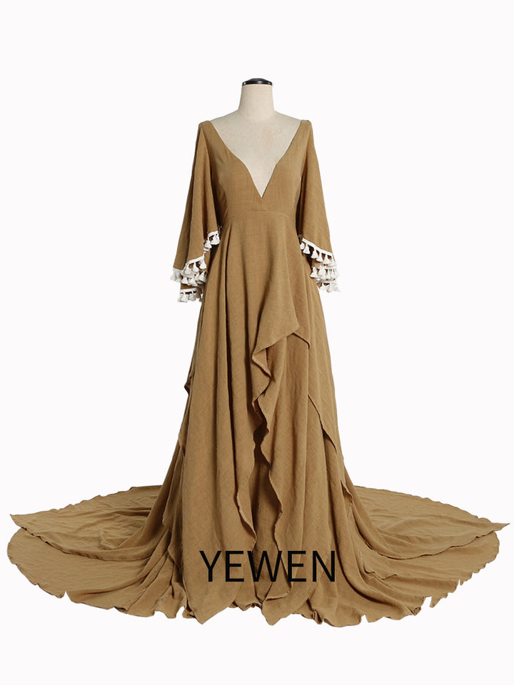 Elegantes Umstandskleid aus Baumwolle für Fotoshootings, V-Ausschnitt, Maxikleid für Fotografie, YEWEN NEU YW221111