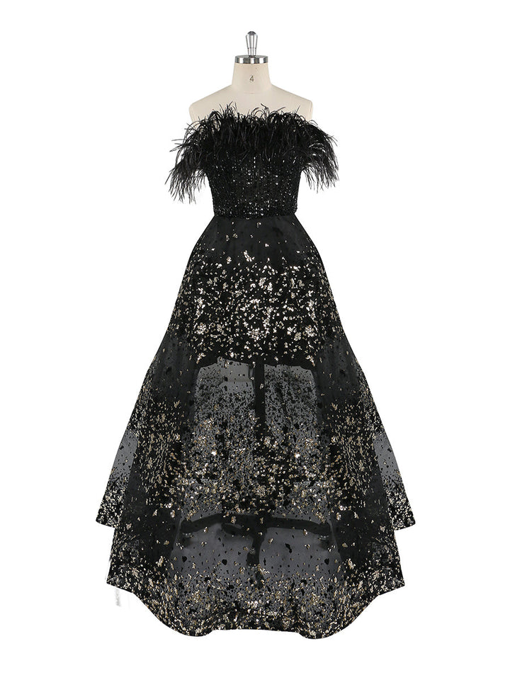 Schwarzes A-Linien-Abendkleid mit Perlen und Federn, Luxus-Hochzeitskleid, YEWEN 