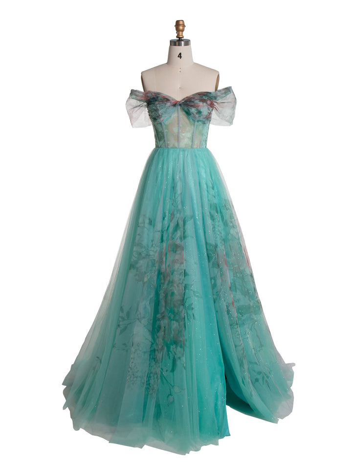 Elegantes, schulterfreies Ballkleid mit Blumenmuster in Aquamarin YE3022 