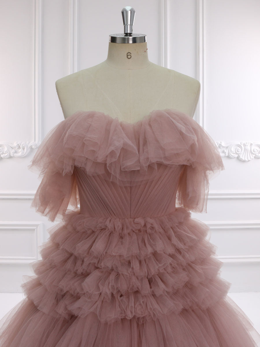 Elegantes schulterfreies Rüschen-Brautkleid in bunten Tüll für Fotoshootings YW231157 