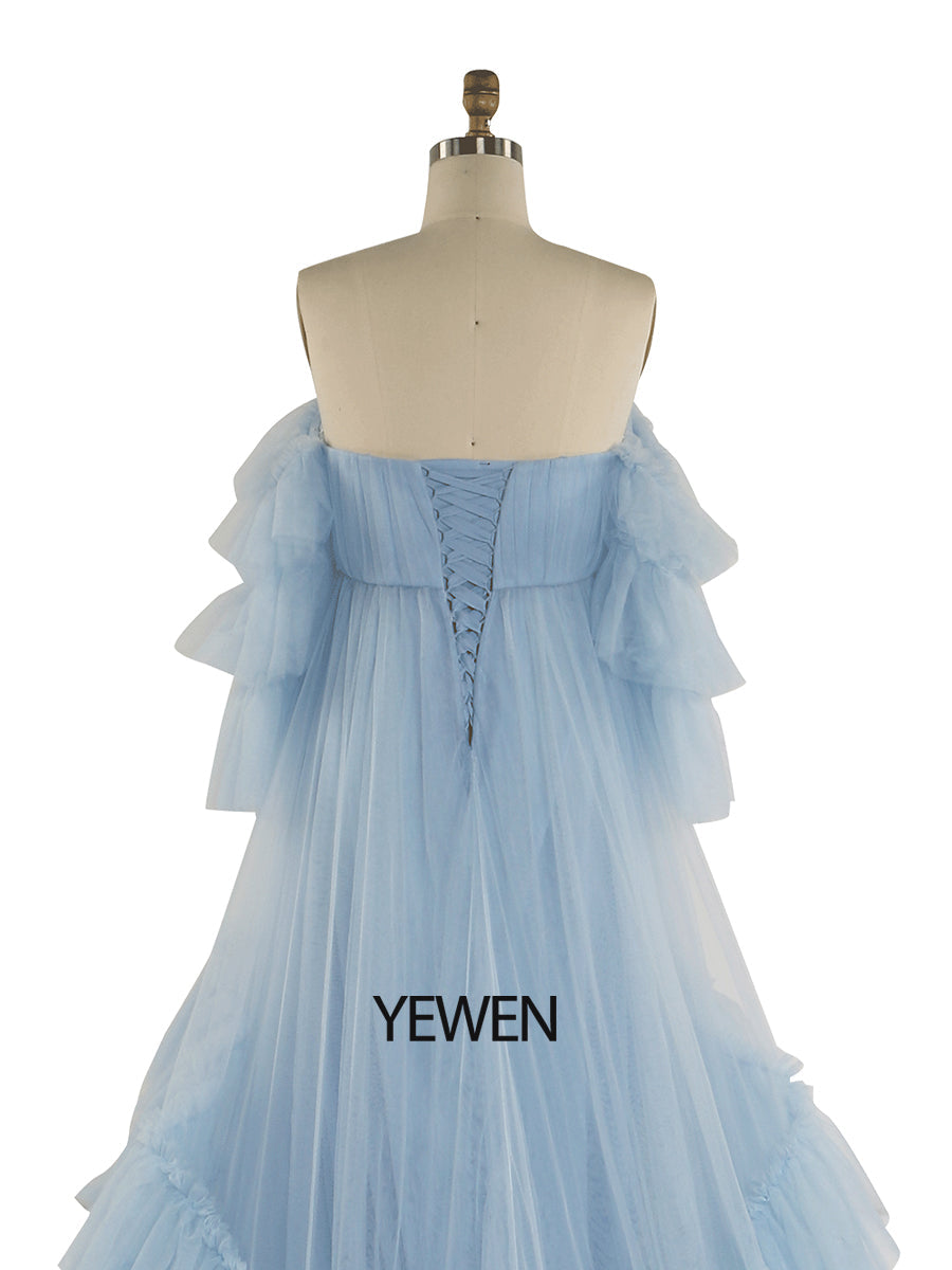 Baby blaues Tüllkleid für Fotoshooting Rüschen Bunte Brautkleider YW2051-2 