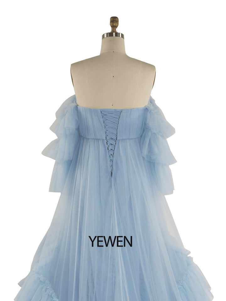 Baby blaues Tüllkleid für Fotoshooting Rüschen Bunte Brautkleider YW2051-2 