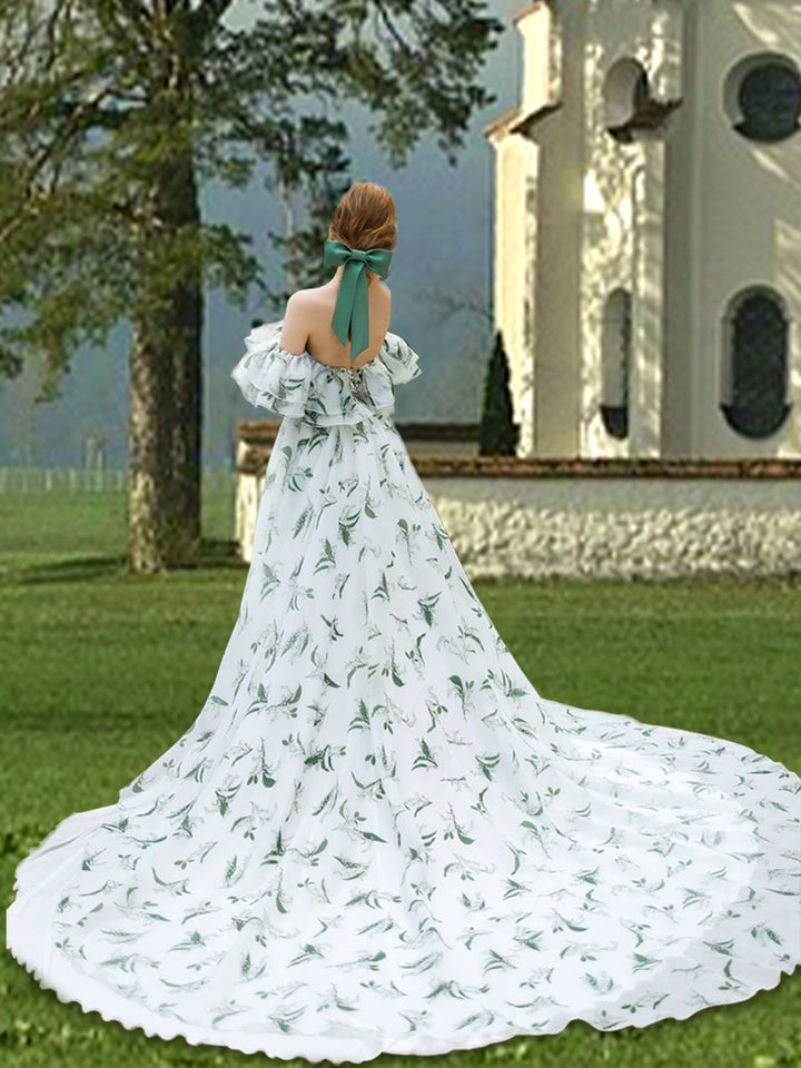 Schulterfreies Brautkleid mit Blumenmuster und Schlitz, langer Schleppe, ausgefallenes Kleid für Fotoshootings 