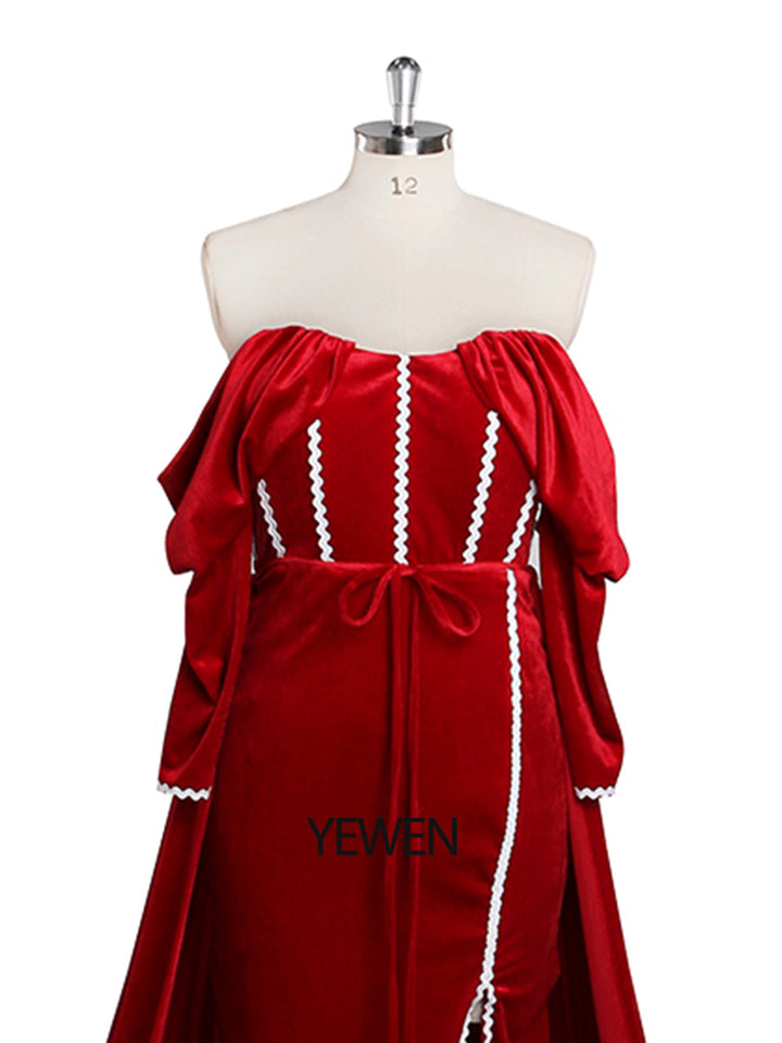 Langärmliges, schulterfreies rotes Samt-Meerjungfrauen-Ballkleid mit Seitenschlitz für Fotoshootings YW230747