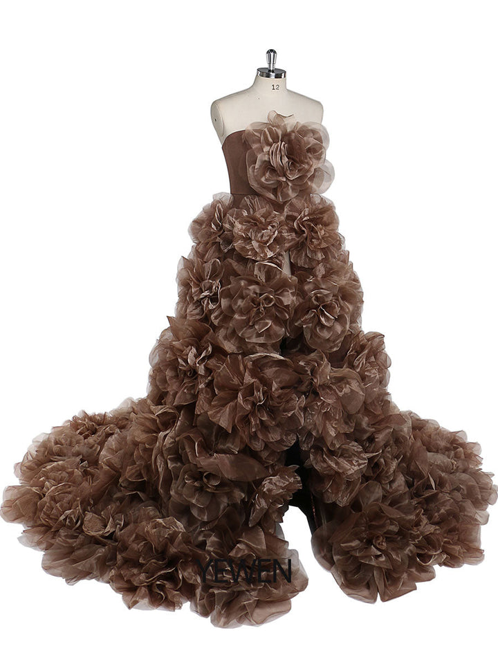 Trägerloses Organza-Umstandskleid mit 3D-Blumen für Fotoshootings, Babyparty, Fotografie-Kleider YW220308 