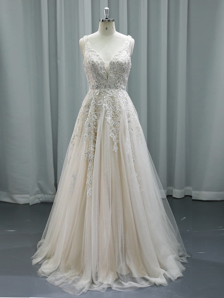 Neckline Tulle Lace, Wedding Dress, Boho Wedding Gown with Light Champagne , Lining