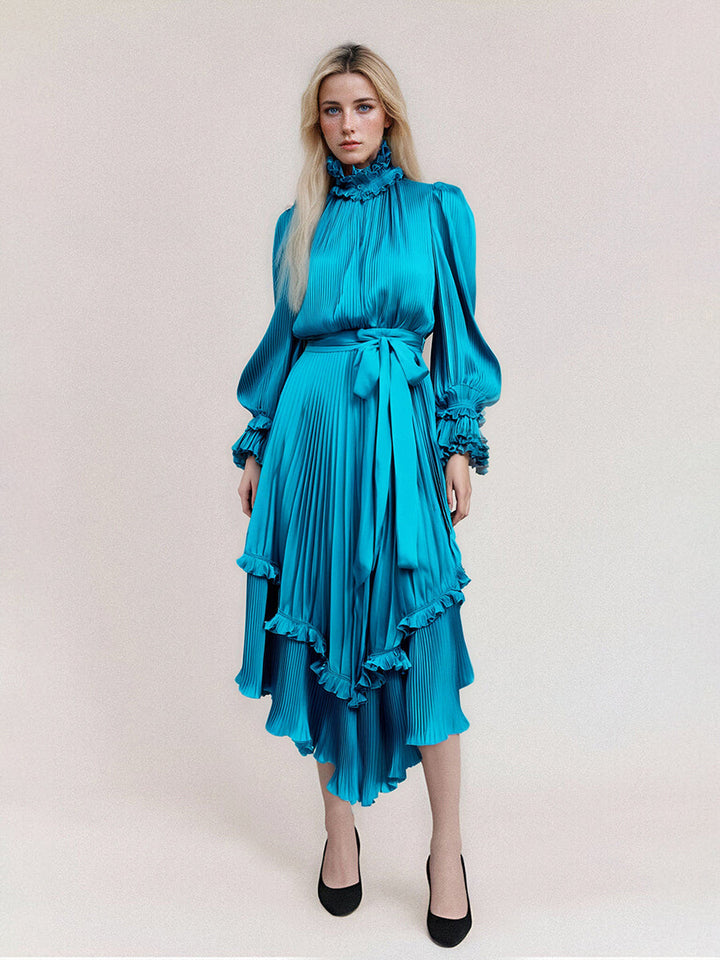 Gefaltete Lange Frauen Kleider Solide Langen Ärmeln High Neck Gefaltete Weibliche Kleid 2025 Sommer Lose Party Dame Robe 