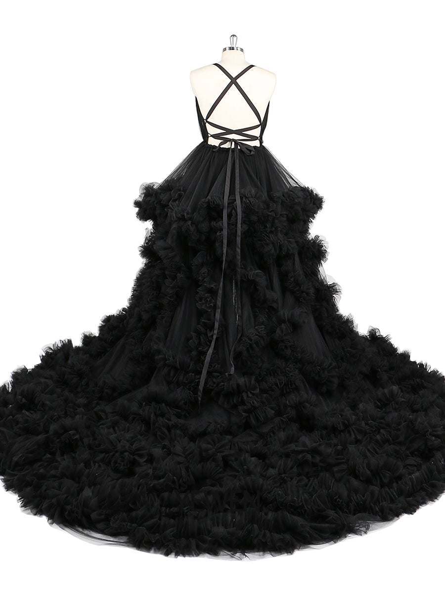 Schwarzes Umstands-Fotoshooting-Kleid mit V-Ausschnitt, gekreuzte Schnürung am Rücken, Babyparty-Kleid, Robe für Fotoshooting, YW220516 