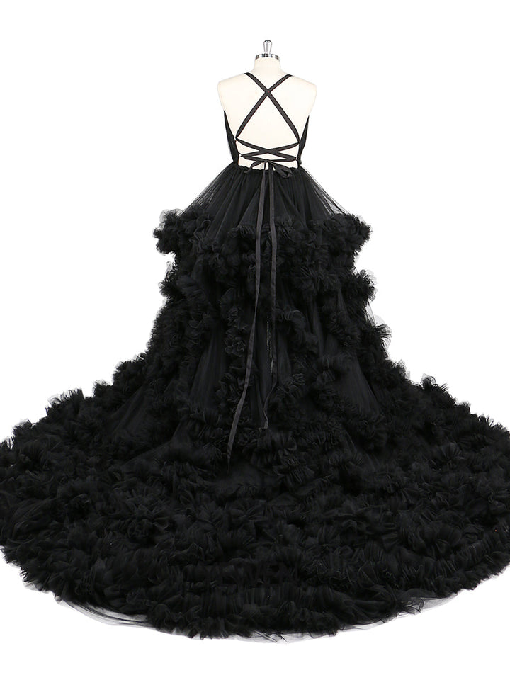 Schwarzes Umstands-Fotoshooting-Kleid mit V-Ausschnitt, gekreuzte Schnürung am Rücken, Babyparty-Kleid, Robe für Fotoshooting, YW220516 