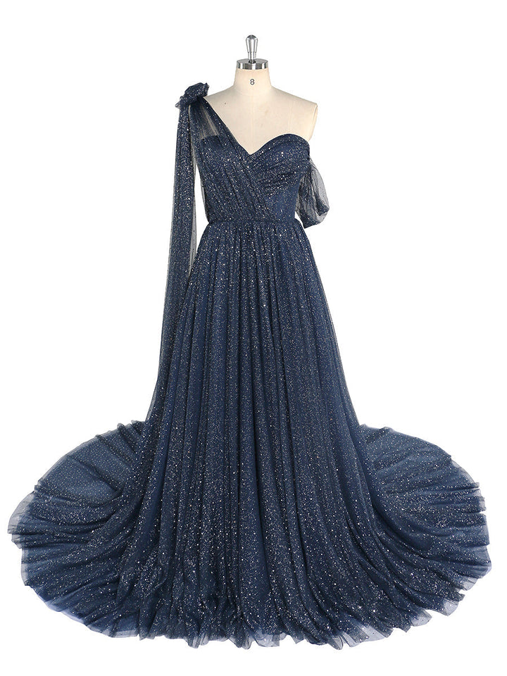 Glitzerndes Tüllkleid mit Sternenhimmel-Fotografie-Kleid, modisches Glitzer-Mesh-Designer-Ballkleid, lang, YEWEN YW010 
