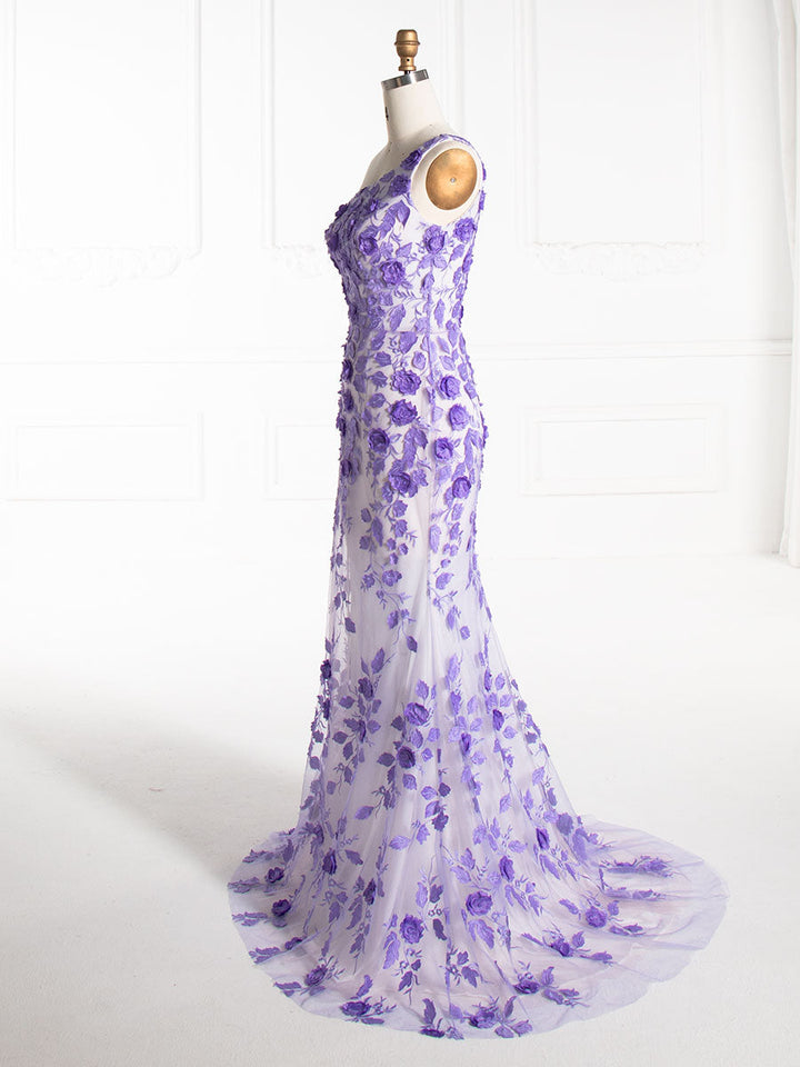 Mermaid One Shoulder, Purple Embroidery Lace, Prom Dresses 