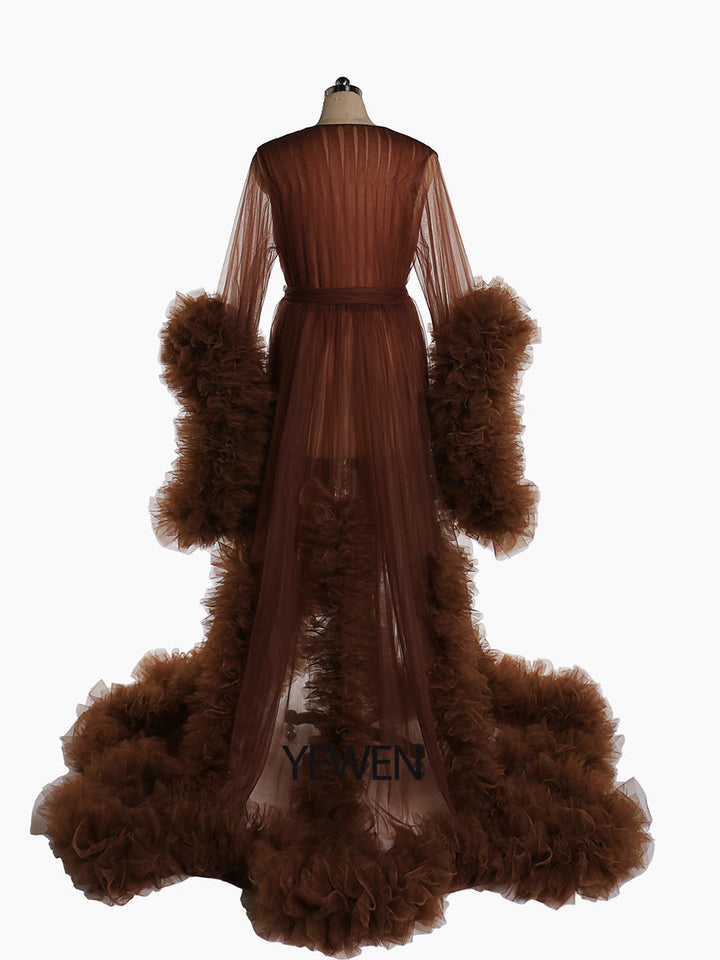 Langärmliges Brautkleid, elegantes, durchsichtiges Maxi-Umstandskleid mit Rüschen