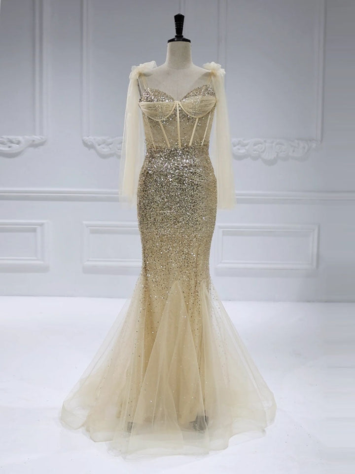 Tie Straps, Champagne Sequins , Mermaid Gown, Prom Dress