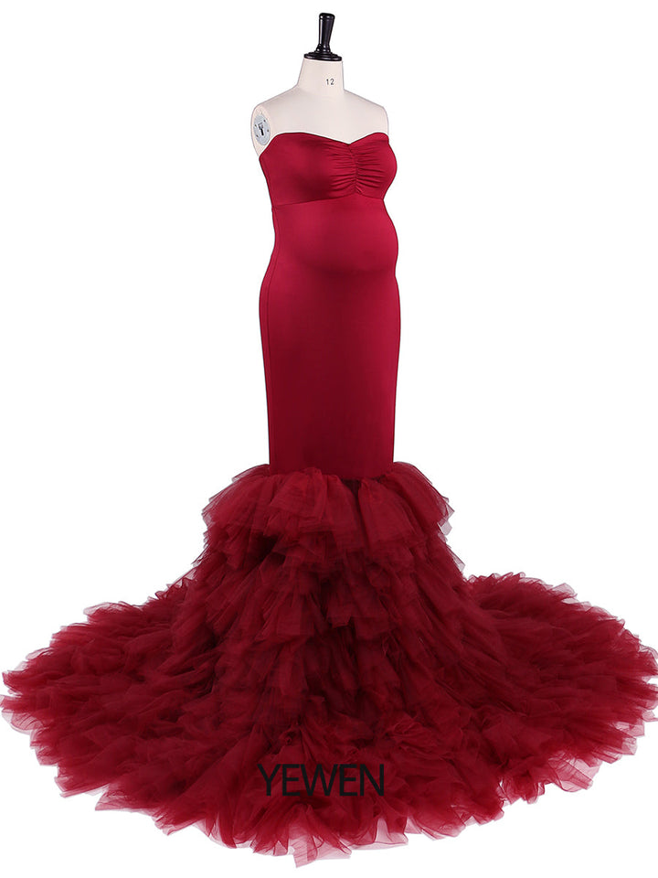 Burgunderrotes Meerjungfrauen-Umstandskleid für Fotoshootings, Kleid für Babyparty YW21036 
