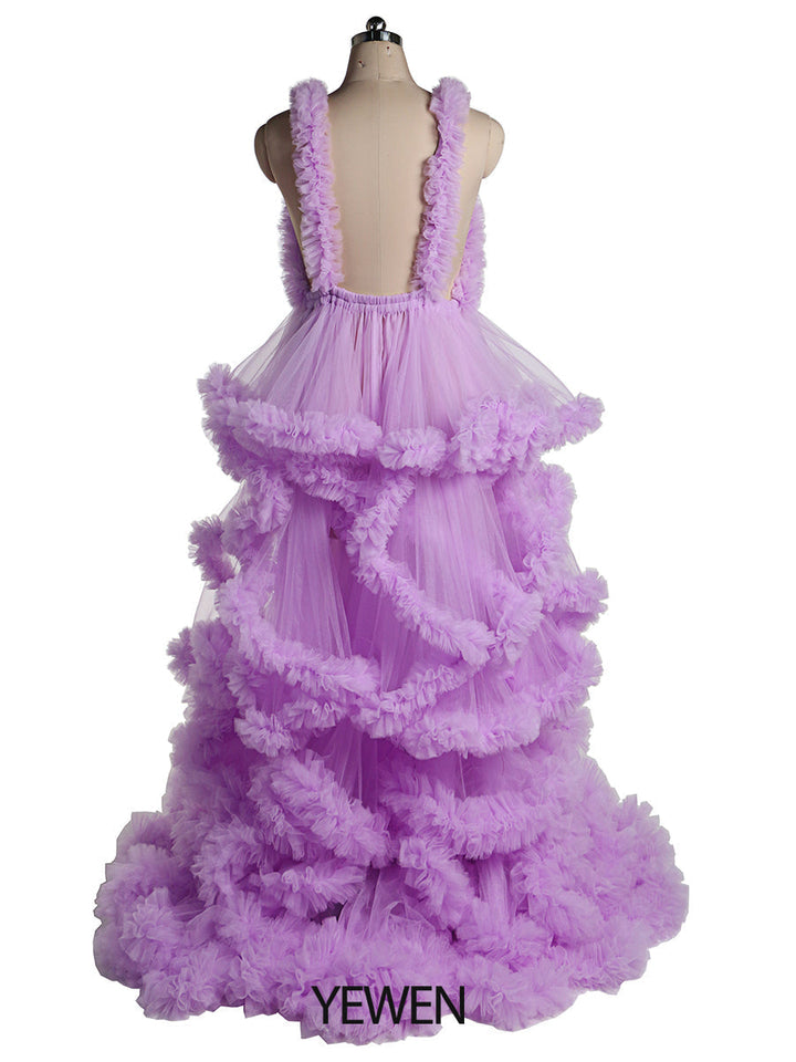 Tiefer V-Ausschnitt, Tüll, volle Rüschen, rückenfreies Wolkenkleid, Umstandskleid für Fotoshooting