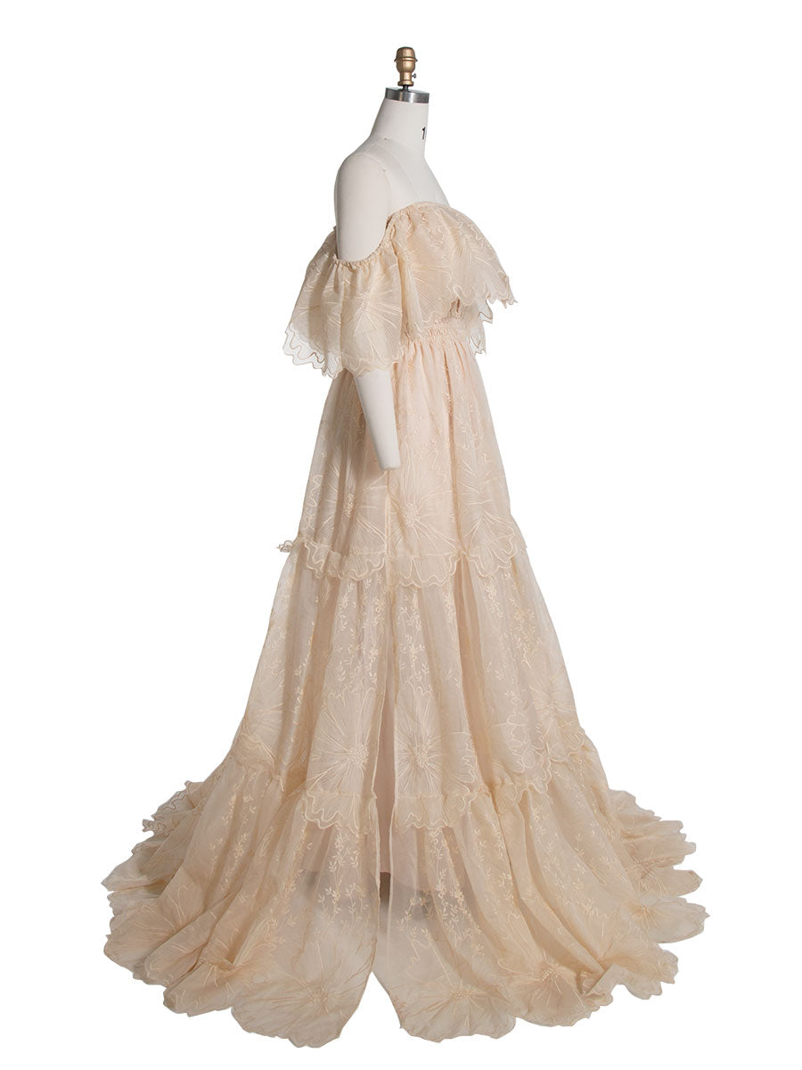 Elegantes schulterfreies Spitzen-Boho-Kleid, Fotoshooting-Kleid, böhmisches Umstandskleid, Babyparty, YW240067