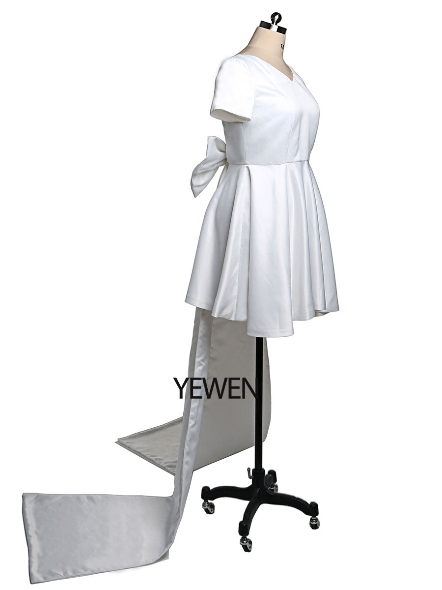 Elegantes Ballkleid mit großer Schleife und V-Ausschnitt, kurzärmelig, Partykleid, Hochzeitsgast, Brautjungfernkleid 