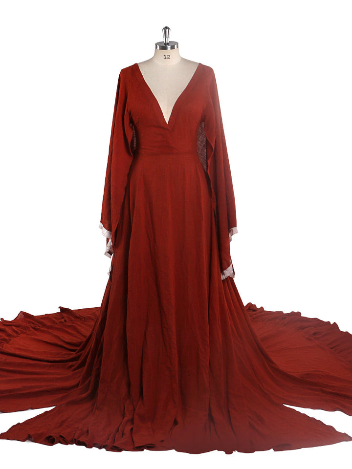 Elegantes Umstandskleid für Fotoshooting Lange ausgestellte Ärmel Seitenschlitz Schwangerschaftskleid Baumwoll-Maxikleid YEWEN YD211020