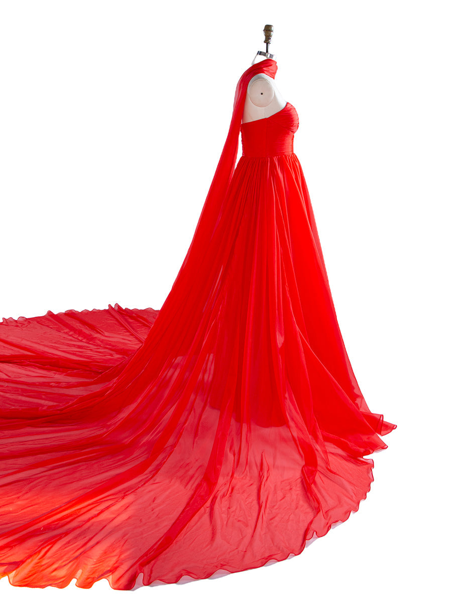 Rotes fliegendes Kleid für Fotoshooting, lange Schleppe, fließendes Seidenkleid aus weichem Organza, YW240111-1 