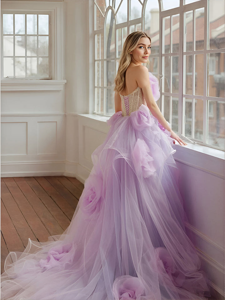 Lavendel Blumen Lange Damen Maxikleider Für Party Bloom Geraffte Organza Garten Hochzeit Brautkleider Hübsche Tüllkleider 