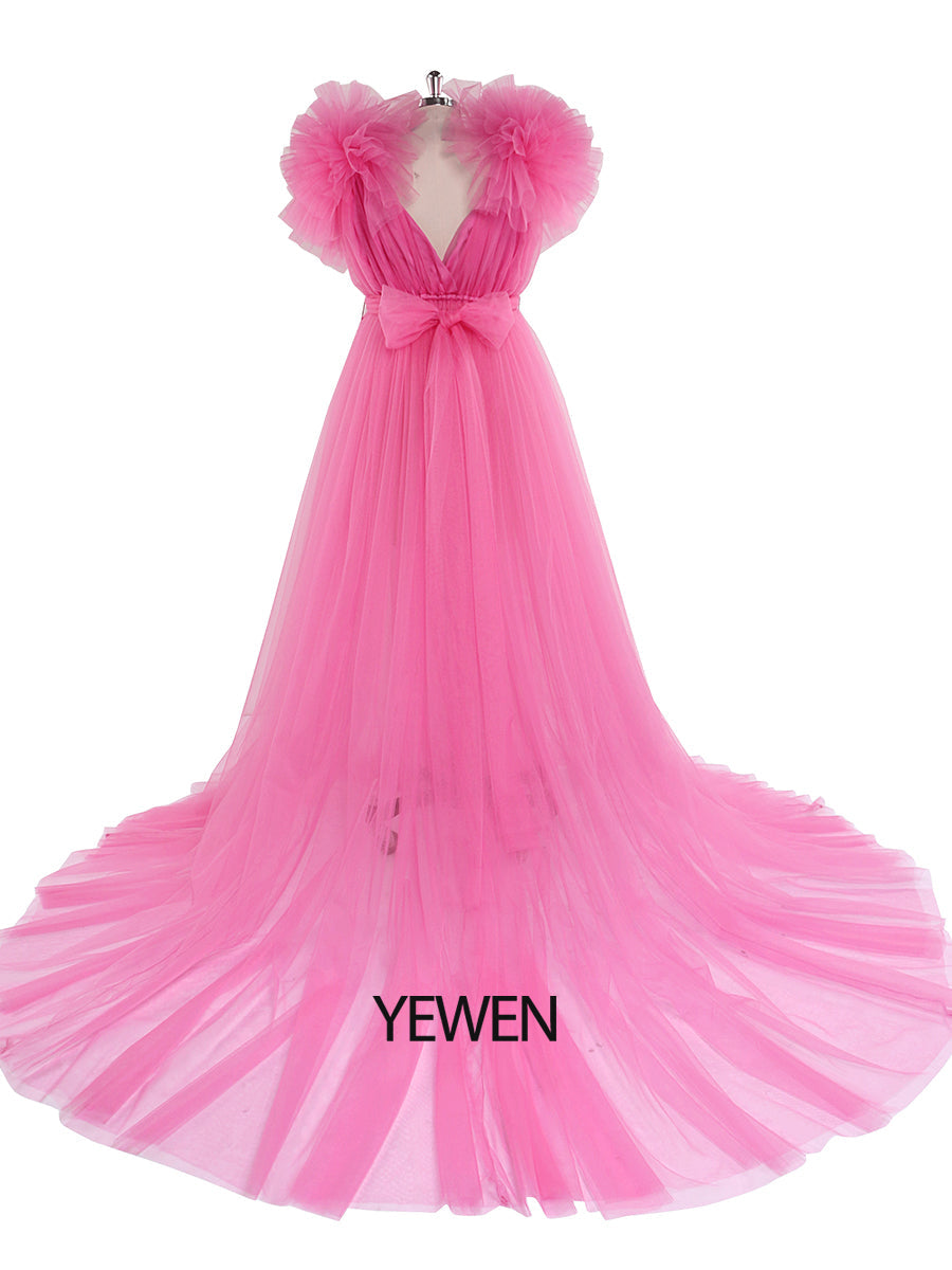 Umstandskleid für Fotoshootings, Bauchschlitz vorne, Schulterrüschen, Fotografie-Maxikleid, Babyparty-Kleid YD217051 