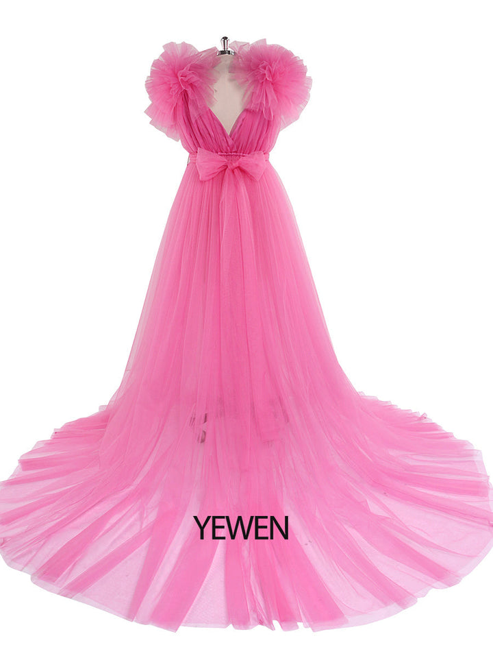Umstandskleid für Fotoshootings, Bauchschlitz vorne, Schulterrüschen, Fotografie-Maxikleid, Babyparty-Kleid YD217051 