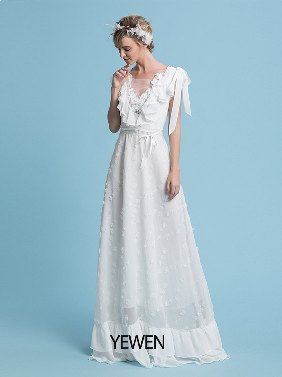 Romantische böhmische Brautkleider V-Ausschnitt Chiffon Boho Hochzeit Brautkleid 