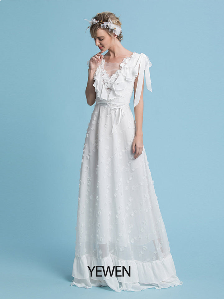Romantische böhmische Brautkleider V-Ausschnitt Chiffon Boho Hochzeit Brautkleid 