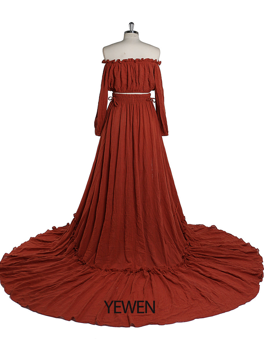 Versandfertig - 2-teiliges Set Maxikleider Dehnbare Taille Umstandskleid Fotografie Kleid YD211229