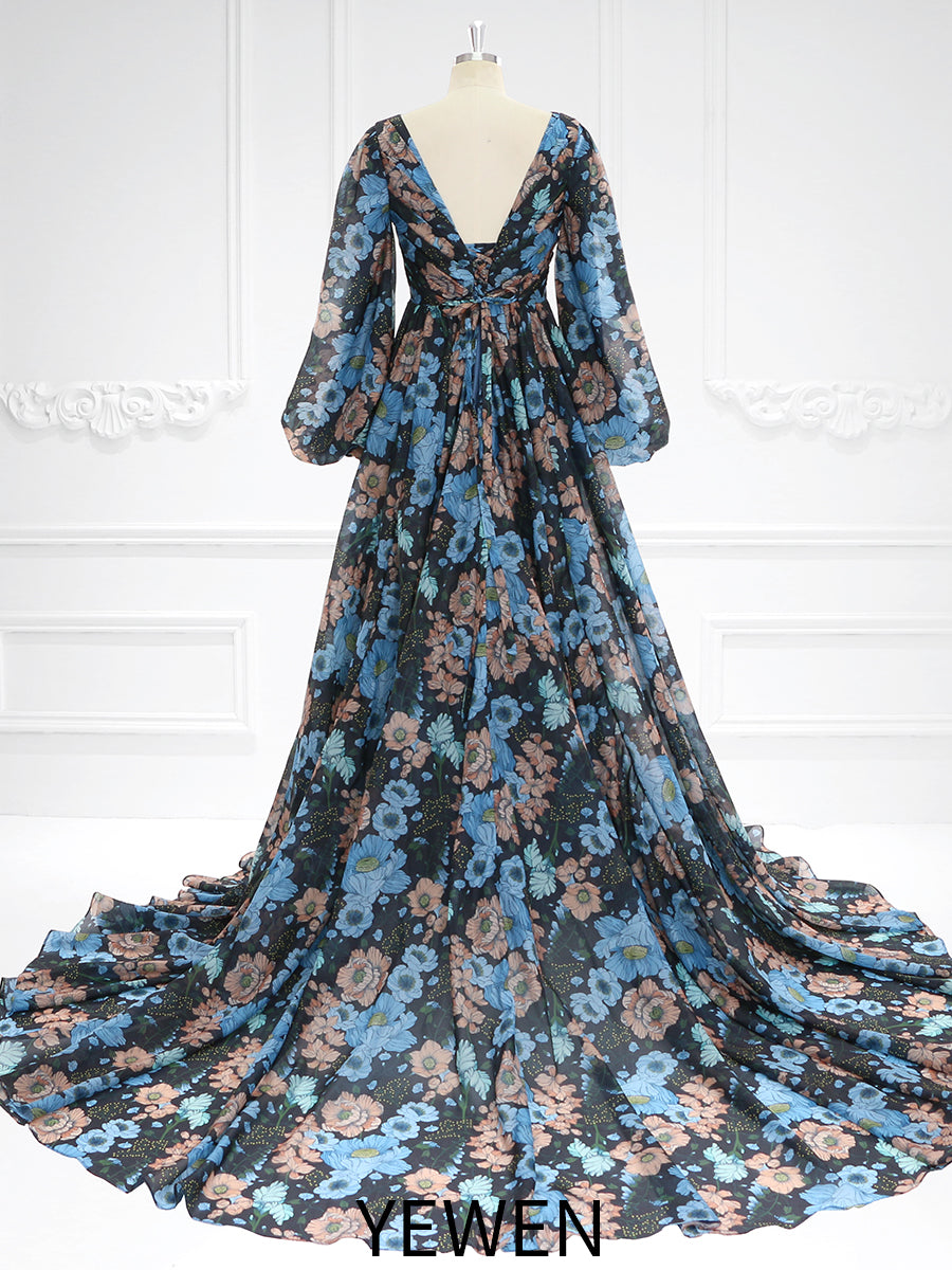 Organza Seersucker Floral Print Prom Dress ,Photoshoot Dress