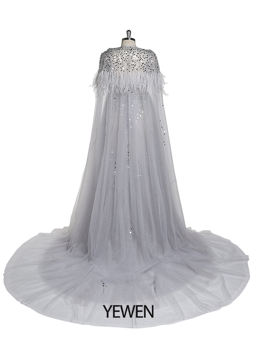 Silbernes Abendkleid aus Tüll mit Perlen und Cape, Umstandskleid für Fotoshootings, Fotografiekleid, Schnürung am Rücken 