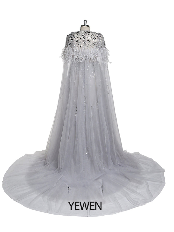 Silbernes Abendkleid aus Tüll mit Perlen und Cape, Umstandskleid für Fotoshootings, Fotografiekleid, Schnürung am Rücken 