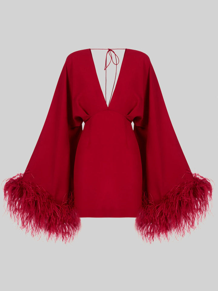 Damen Sexy Doppelter tiefer V-Ausschnitt Lange Ärmel Mit Federn Minikleid Gatsby Cocktail Club Party Kleider 
