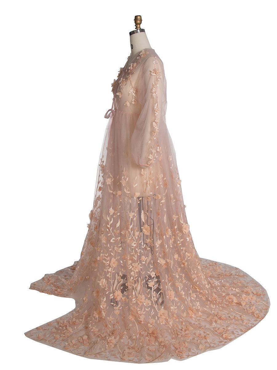 Errötendes Kleid mit 3D-Blumenspitze, Boho-Maxikleid aus transparentem Netzstoff, Fotoshooting-Outfit YW240107 