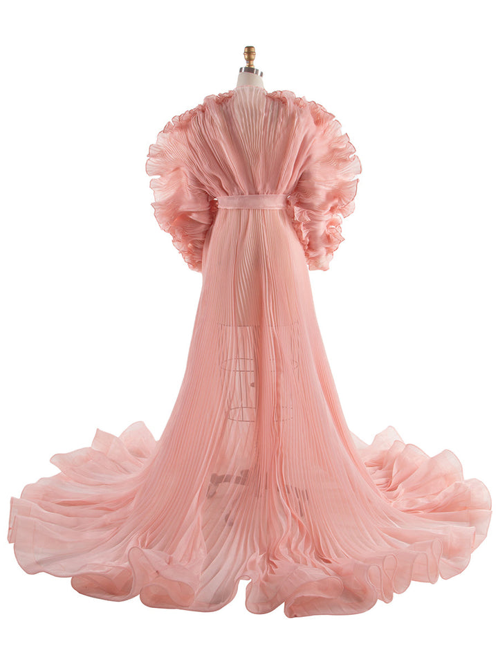 V-Ausschnitt, plissiertes Organza-Umstandskleid für Fotoshooting, großer Rock, transparentes Kleid für Schwangerschafts-Babyparty, YW250013 