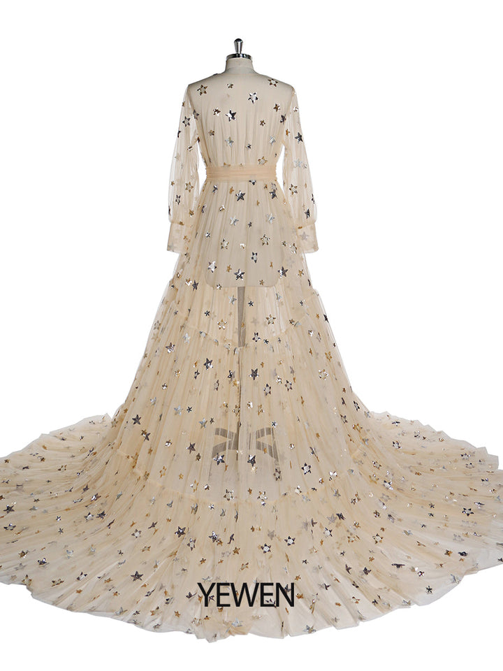 Elegantes Umstandskleid mit funkelnden Sternen und langen Ärmeln, durchsichtiges Fotoshooting-Kleid, Umstandskleid für Babypartys, Übergröße YD2104251 