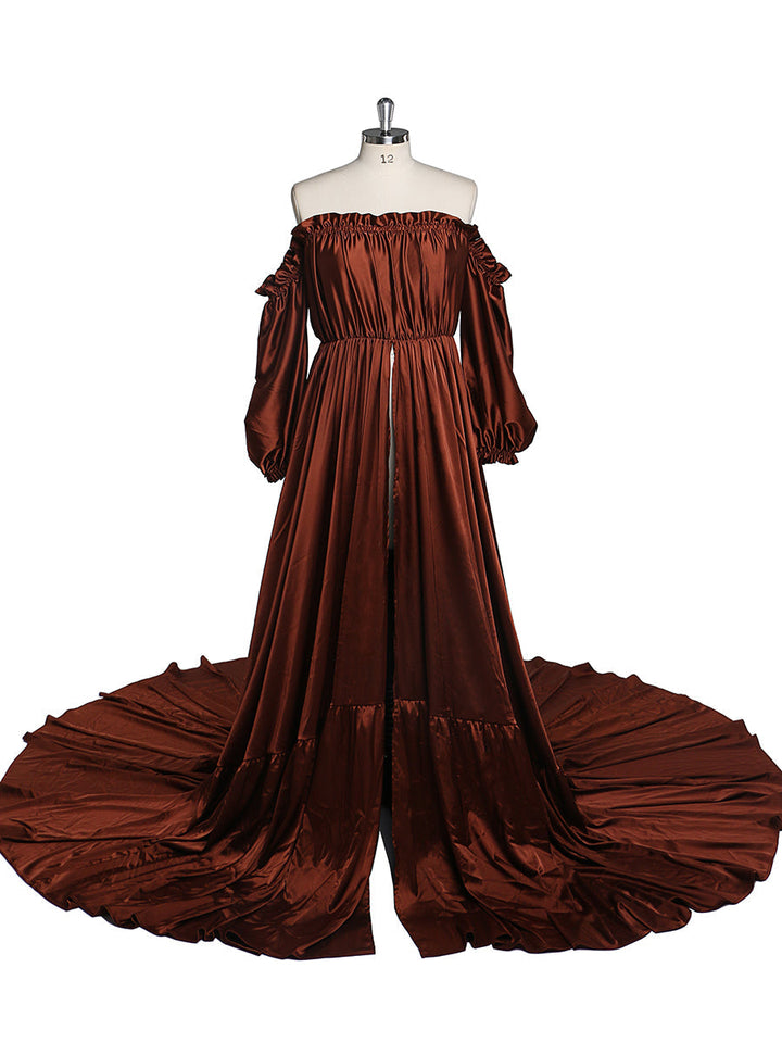 Schulterfreies Abendkleid mit langen Ärmeln und Schlitz vorne, Fotografie-Kleid, Umstandskleid für Babyparty, YEWEN YW220316 
