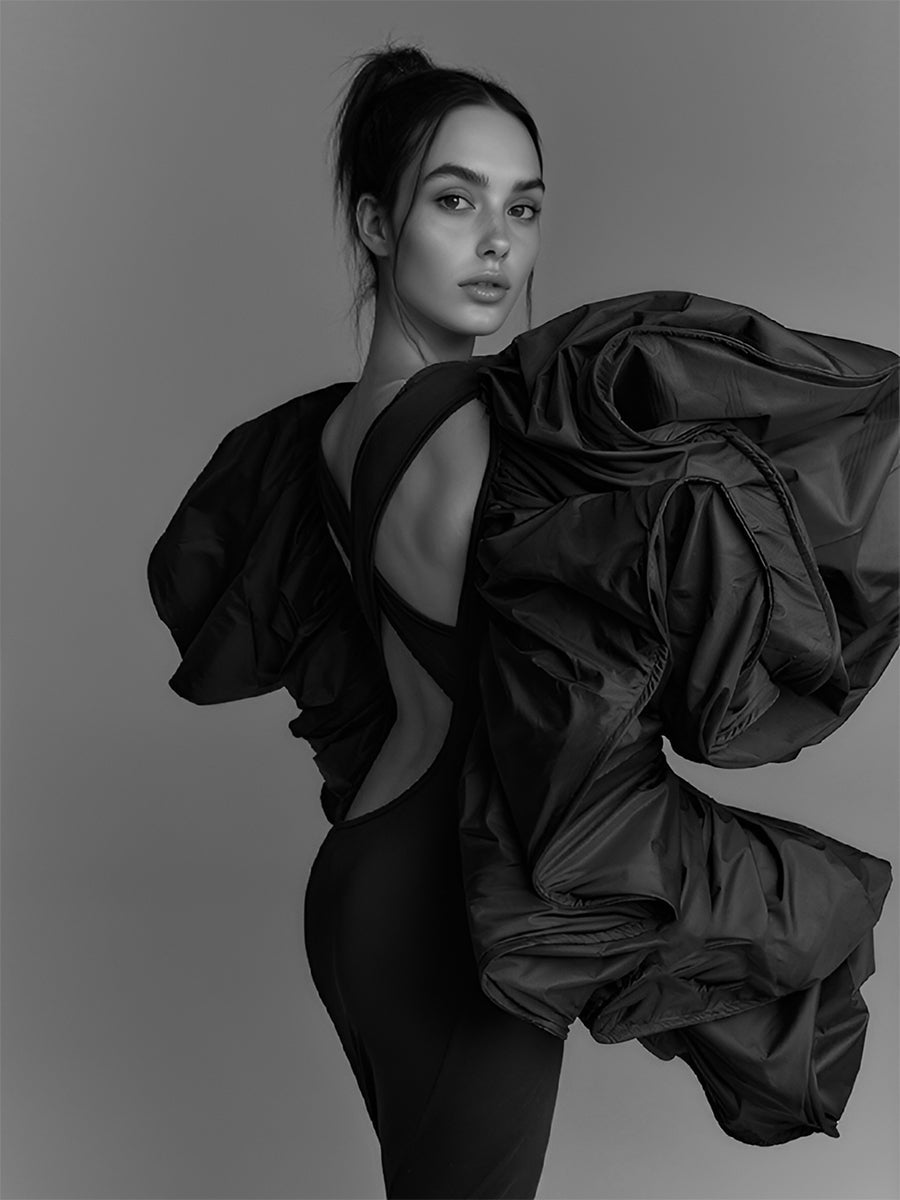 Schwarzes Couture-Meerjungfrauenkleid für Fotoshootings, einzigartige gerüschte Ärmel und rückenfreie Kleider 