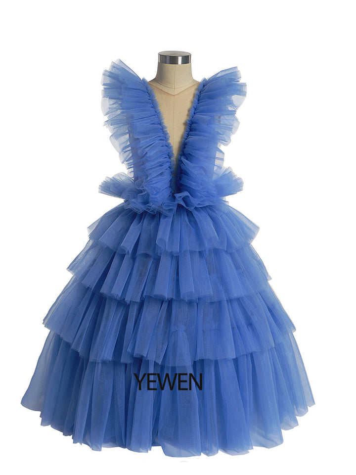 Oldrose V-Ausschnitt Tüll Rüschen Langarm Blumenmädchen Kleid Kind Partykleider für Fotoshooting 