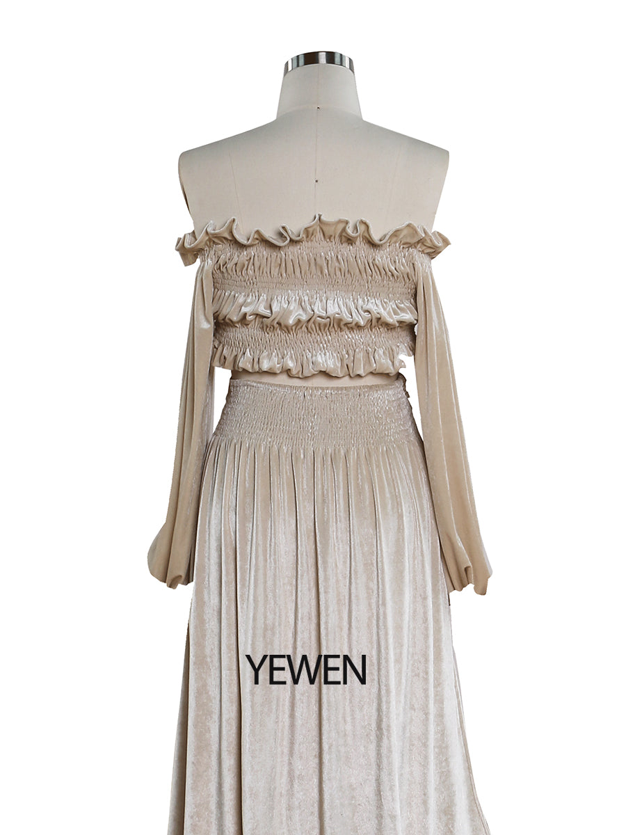 Zweiteiliges Set aus creme-beigem Samt-Crop-Top und langem Rock, Maxi-Samtkleid für Damen mit Beinschlitz, YW220929 